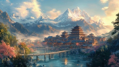 冰川宏伟古城湖畔建筑