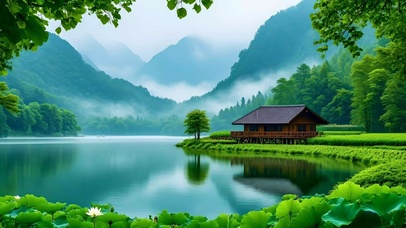 绿色护眼山水小屋