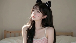 戴猫耳发箍的清纯居家少女