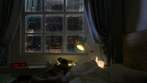 窗边雨滴舒适的卧室氛围