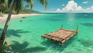 清新绿色海面竹筏