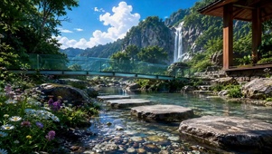 清幽山谷溪流瀑布自然风景
