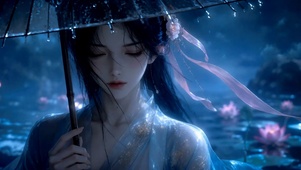 雨夜荷塘古风撑伞美人