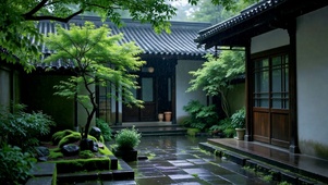 雨中静谧古风庭院