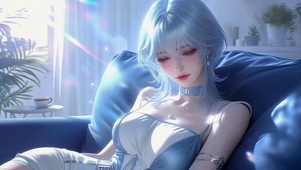清新浅蓝发慵懒二次元美少女