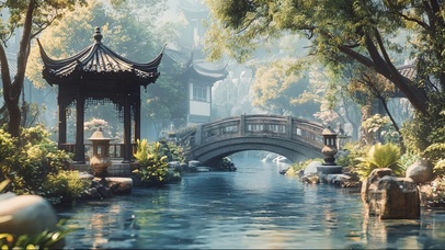 古亭石桥庭院唯美风景