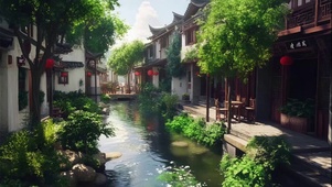 夏日阳光水乡两岸街景