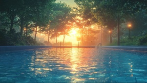 森林公园水池黄昏夕阳