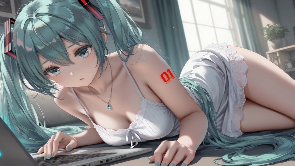 日系二次元插画：蓝绿色双马尾、穿白色蕾丝吊带裙的年轻女性伏于明亮居家桌面，操作银色笔记本电脑，左臂印有红色01字样，背景有格纹窗、窗帘、置物架与绿植。