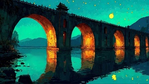 月下湖面石桥插画