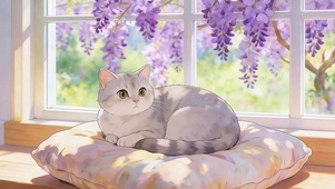 紫藤窗边小猫