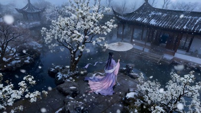 古风梨花古镇长裙少女