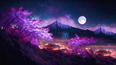 唯美月夜樱花古城