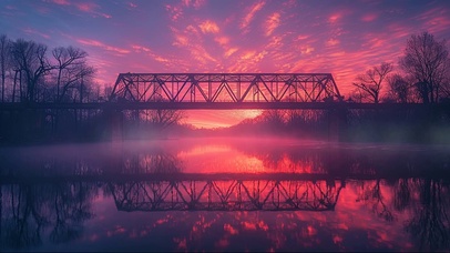 粉色朝霞河面大桥