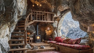 【雪景】雪山里的石洞别墅