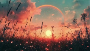 黄昏草坪花海唯美风景