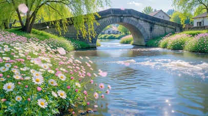 石桥畔花溪