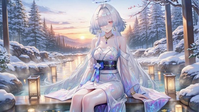 雪景温泉银发二次元美少女