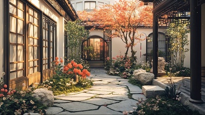 古风庭院建筑黄昏美景