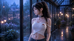雨夜窗边清冷美女