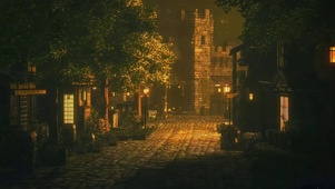 深夜温馨古镇广场灯光