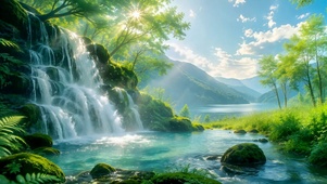 清新治愈山间瀑布自然美景