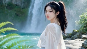 甜美少女瀑布侧影