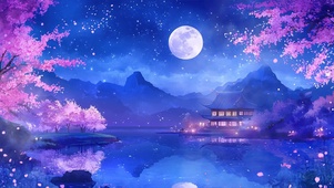 古风樱花树木夜景