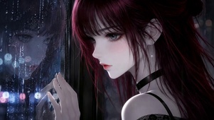 雨夜窗边红发美少女