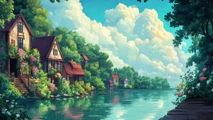 绿色夏日森林溪流木屋