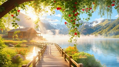 阳光树木房屋河流