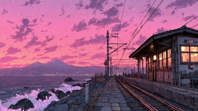 粉色晚霞海岸车站