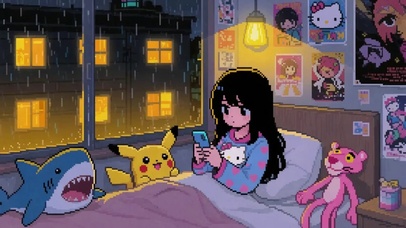 像素风玩手机的少女