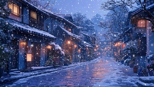 冬夜大雪紫色古城街道
