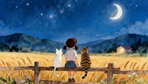 夜景星空女孩与猫咪