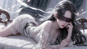 沙发上蒙眼女孩