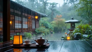 古屋雨天庭院品茶