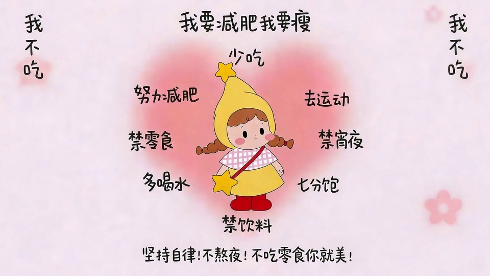 浅粉背景上Q版卡通女孩站在粉晕心形中心，四周分布减肥自律类文字，点缀浅粉小花。