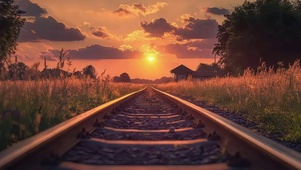 黄昏落日郊外铁路风景