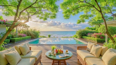 治愈临海庭院清晨海景