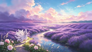薰衣草花海边的九尾白狐