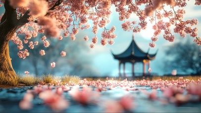 唯美粉色落樱古亭