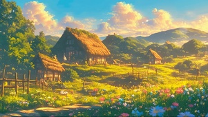 秋日山丘鲜花乡村小屋