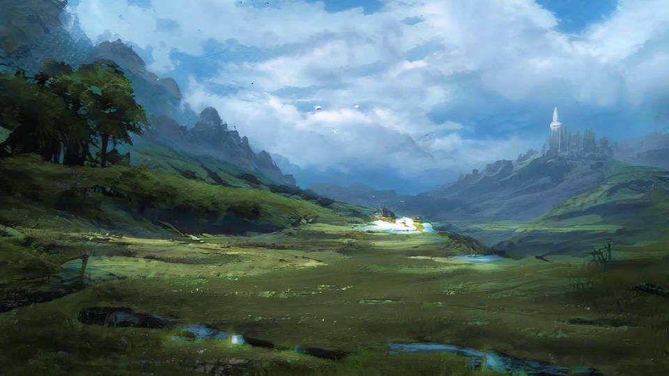 厚涂手绘风格的开阔山谷草甸风景，淡蓝晴空中飘着柔白云朵