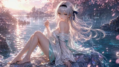 樱花湖畔白发少女