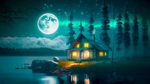 星空圆月湖边小屋