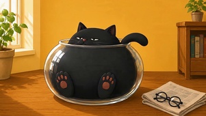 胖黑猫挤入玻璃缸