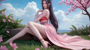 鲜花草坪上悠然自得的古风美女