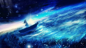星空湖边小船少女
