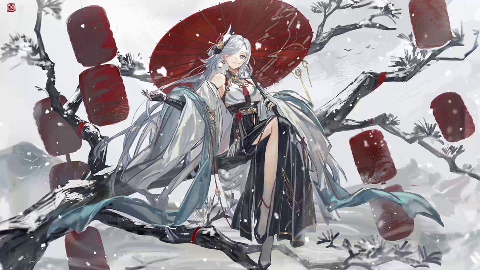 水墨国风雪景中，银白发古风女子坐于覆雪松枝上，手持红色油纸伞，旁悬红灯笼，背景为淡墨远山。